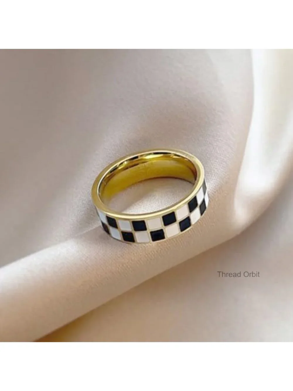 Checkerboard Band Ring 6mm Chunky Minimalist Stainless Steel Gold Plated